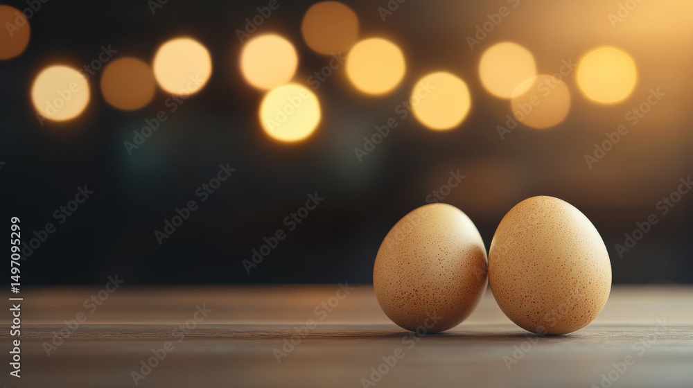 Poster two brown eggs rest on wooden surface with warm, blurred bokeh background, creating cozy and invitin