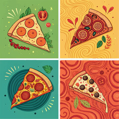 Set of abstract food posters with pizza. Contemporary art prints in colorful trendy style. Dinner party wall art. Vector graphic