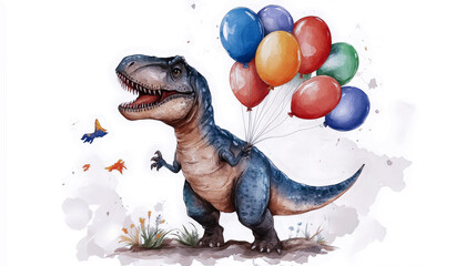 Cute watercolor dinosaur with balloons on white background for kids celebration