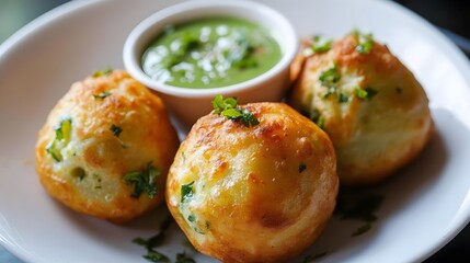 Crispy Fried Potato Balls with Green Mint Chutney