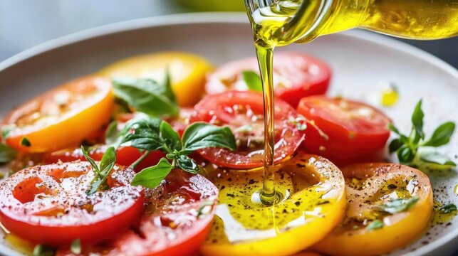 Plate of sliced tomatoes with olive oil being poured over them. the tomatoes are red and yellow in color and are arranged in a circular pattern on the plate.