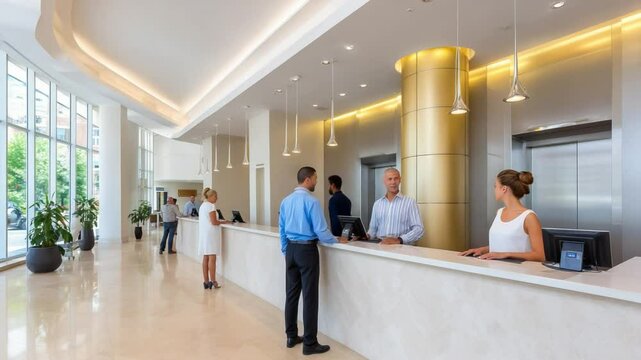 Guests checking in at modern hotel reception