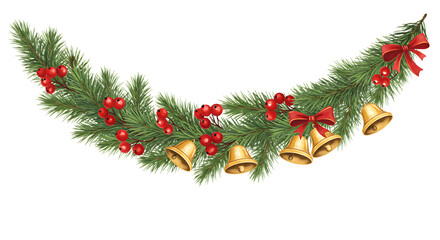 Festive Christmas Garland with Golden Bells Red Bows and Berries