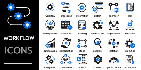 Fototapeta na wymiar Workflow process icon set. process, automation, management, planning, task, collaboration icons. Solid vector icons collection.