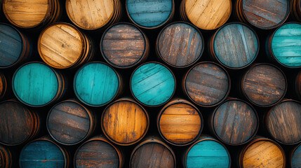 Collection of colorful wooden barrels stacked in pattern, showcasing variety of vibrant hues and textures. barrels are arranged closely, creating eye catching and artistic display