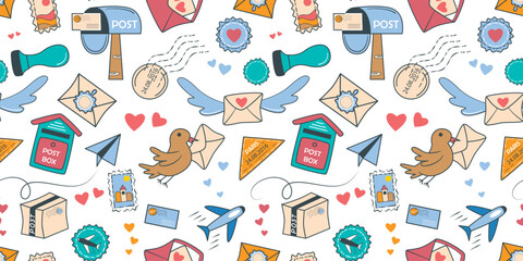 Post parcels and letters hand drawn seamless pattern. Background with colored elements - envelope, mailbox, letter, parcel, carrier pigeon, airplane, stamp. Print mail, vector graphics
