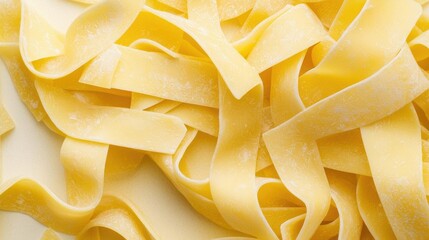 Close-up of a pile of uncooked tagliatelle pasta. the pasta is light yellow in color and appears to be uncooked.