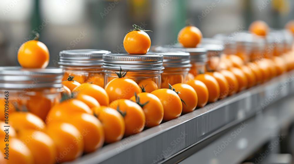 Poster row of vibrant orange tomatoes is neatly arranged on packaging line, with some placed in glass jars,