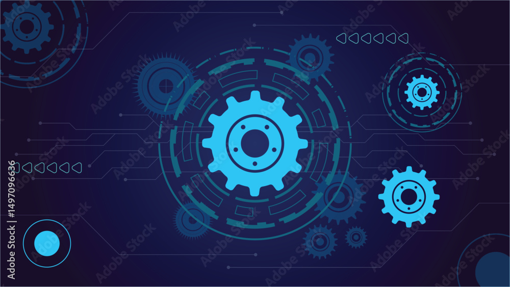 Poster high tech blue gear and circuit background with futuristic digital design suitable for technology pr