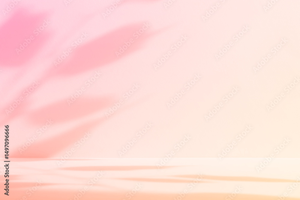 Poster Abstract pink color gradient studio background for product presentation. Empty room with shadows of flowers and plant leaves. 3d orange room with copy space. Summer concept. Blurred backdrop