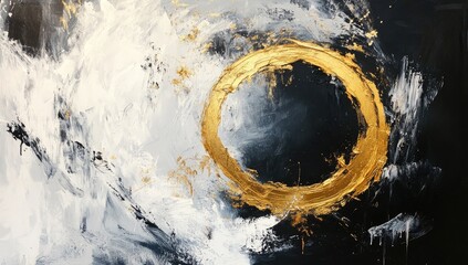 Abstract painting. Gold circle in a stormy white and black field