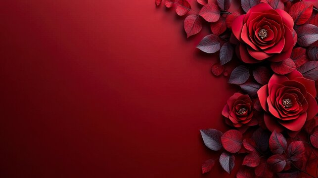 Elegant 3D-style red rose corner composition with gradient red background for invitation or card 