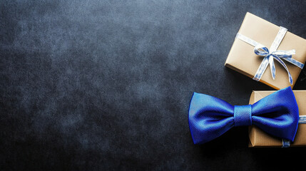 Top-view flat lay of a blue men's bow tie and gift box on a dark background, ideal for Father's Day card or banner concepts with 2/3 copy space for text, representing men's holiday gift ideas in a sle