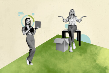 Poster pop collage of people with charts stand on pastel green background