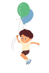 Happy little boy flying on balloons Cheerful child character playing with ballon Cartoon design element for kids celebration design, greeting cards, poster, flyer party Vector illustration