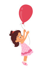 Happy little girl in holding big red balloon Cheerful child character playing with ballon Cartoon design element for kids celebration design, greeting cards, poster, flyer party Vector illustration