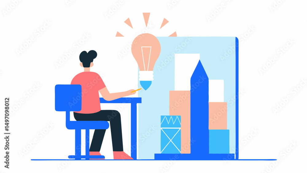 Aufkleber illustration of a person sitting at a desk with a lightbulb and a graph in the background design