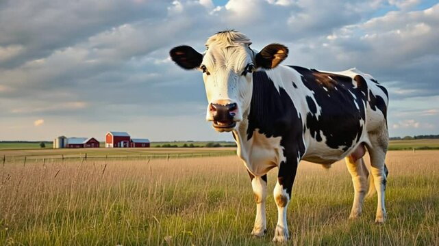 Close view of cow with white and black spots in farmland under blue sky with dry grass all around