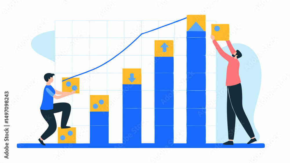 Poster two people building a bar graph with yellow blocks and blue arrows, with a line graph in the backgro