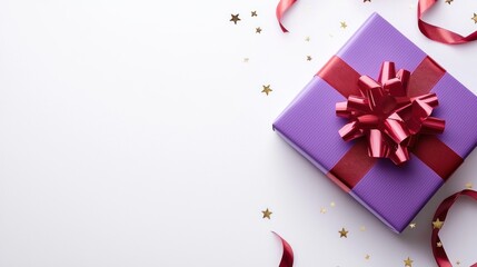 Purple Gift Box Decorated With Red Ribbon And Stars