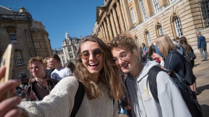University students taking selfies and laughing between academic buildings..