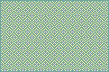 Pixel art geometric diamond-shaped pattern retro color palette of pastel pink, yellow, and teal.  ideal for textile design, digital backgrounds, wallpapers, and retro-themed projects.