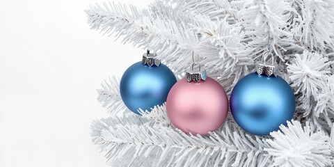 Pink and Blue Christmas Baubles Hanging on a White Christmas Tree on a White Background
