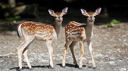 Obraz premium Two Young Spotted Deer Standing Side by Side in a Forest Setting