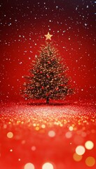 Golden Christmas Tree on Red Glitter Background with Sparkling Star Topper and Falling Snow