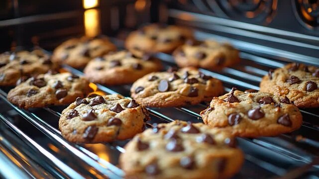 Chocolate chip cookies baking in oven
