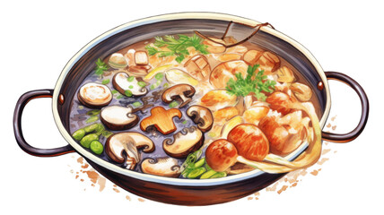 Delicious Japanese Food Served in Traditional Hotpot Isolated on White Background