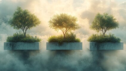 Fototapeta premium Three Lush Green Trees on Floating Concrete Islands in a Dreamlike Sunset Sky