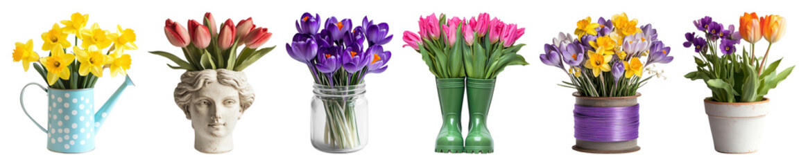 Obraz premium PNG Colorful spring flowers in pots, element set on transparent background