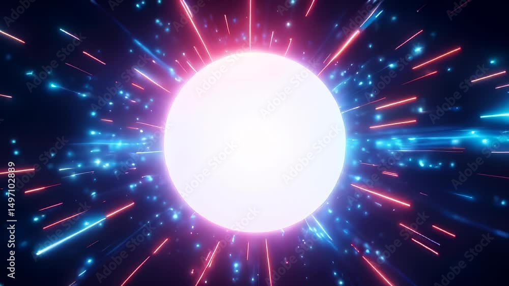 Poster abstract light. energy burst. digital sphere. glowing center. neon rays. futuristic design. technolo