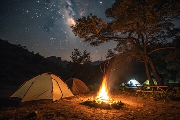 A campfire, with tents around it, night time.