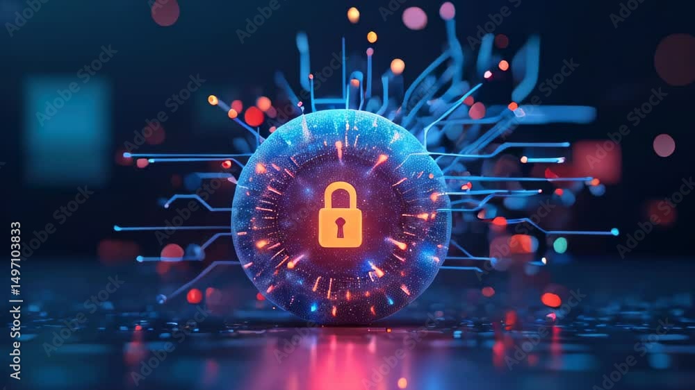 Poster digital security. cyber protection. data encryption. lock icon. blue sphere. futuristic design. abst