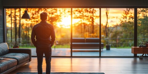 Man Standing in Modern Living Room, Gazing out Panoramic Windows at a Golden Sunset View