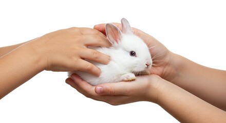 Holding Small White Rabbit Gently in Hands on Isolated Background