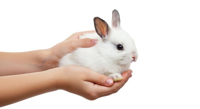 Holding Cute White Baby Rabbit Carefully in Human Hands Gently