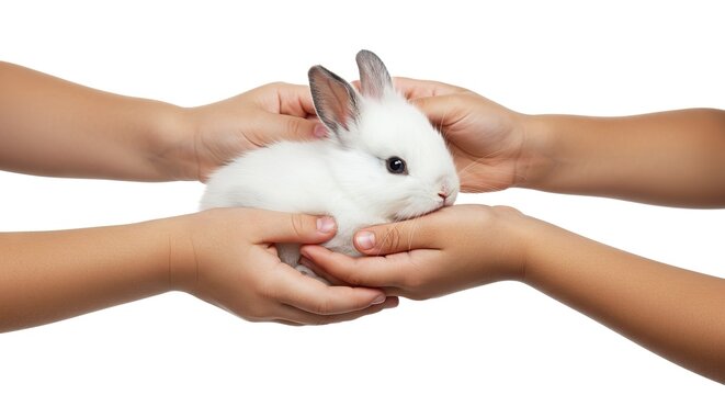 Holding a Fluffy White Bunny Gently in Child's Hands on White - Powered by Adobe
