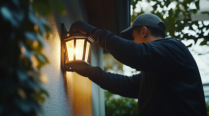 Man Adjusting Outdoor Wall Light