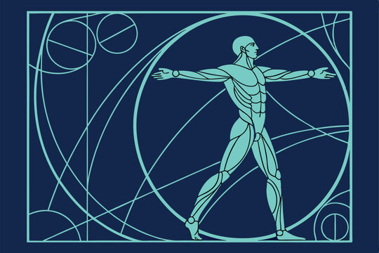 vitruvian man, detailed anatomical study, technical blueprint style, technical diagram, elegant line art, blue and white color scheme, intricate geometric patterns, classical renaissance art, detailed
