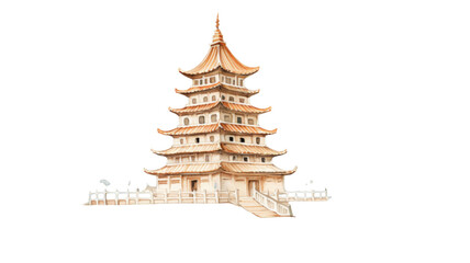 Hand Drawn Watercolor Illustration of Traditional Pagoda Isolated on White Background