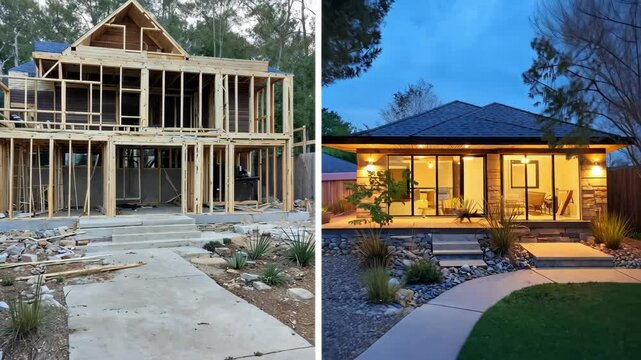 Construction site showcasing wooden framework of a house on the left and a beautifully reconstructed modern home on the right, illustrating transformation and architectural progress