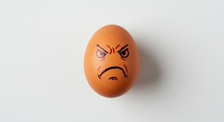 Angry Egg with Face Drawn on Shell Against White Background
