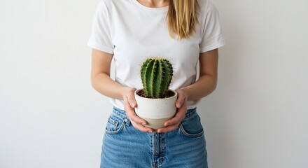 Woman Holding Potted Cactus Plant in Hands Indoors Against White Background