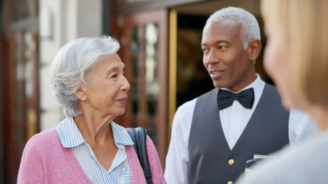 Elegant senior woman greeting hotel doorman