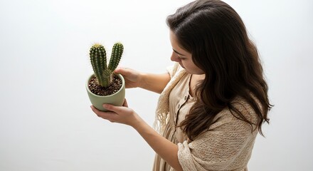 Woman Holding Cactus in Pot Indoors Enjoying Gardening Hobby