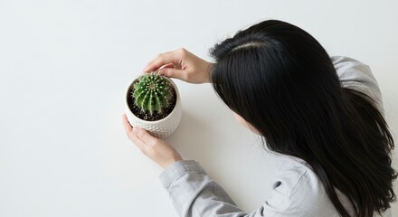Woman Touching Potted Cactus Plant Indoor Gardening Hobby Concept