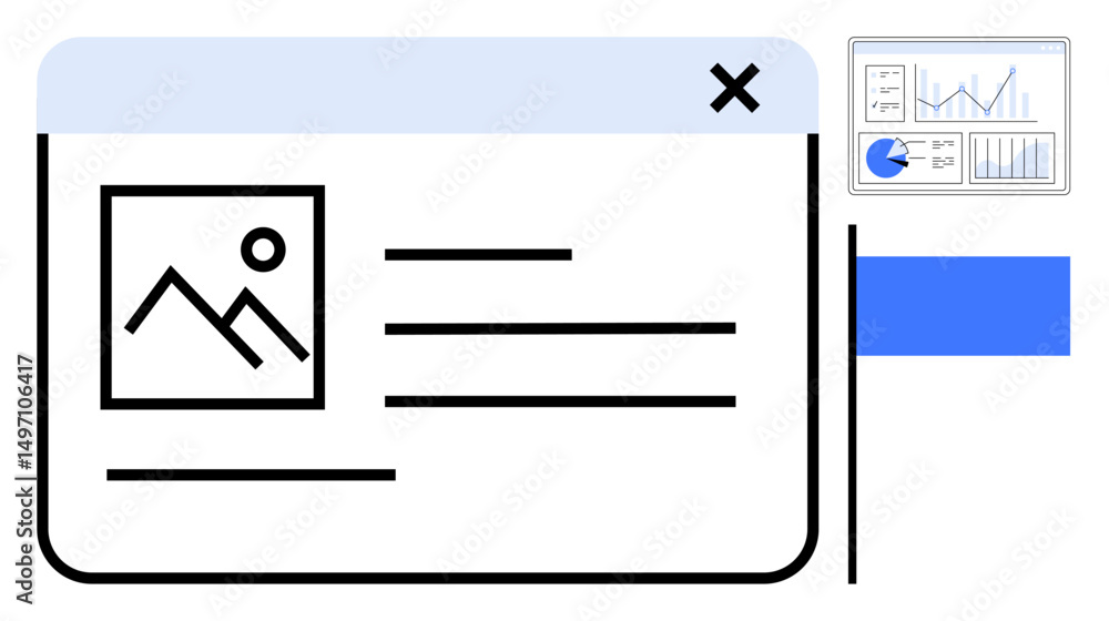 Poster browser window with image preview, text layout, and data chart widget. ideal for graphic design, dat